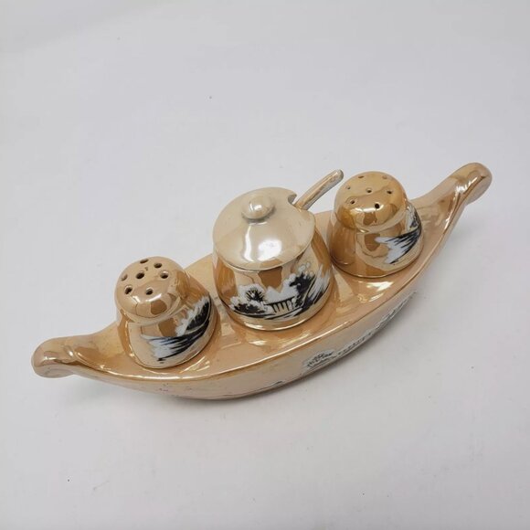Vintage Condiment Set Salt & Pepper Mustard Jar w/ Spoon Lusterware Japan Boat - Picture 2 of 7